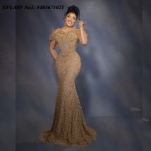 EVLAST Customized Gorgeous African Pearls Evening Dress Mermaid Off Shoulder Celebrity Dress Black Women Red Carpet Gowns E2P08
