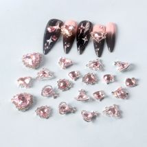 TSZS 20Pcs/Lot Korea Pink Heart Rhinestone Nail Charms Luxury 3D Pink Heart Crystal Nail Decoration