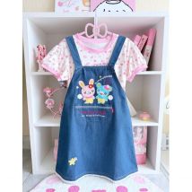 Autunno New Sweet Cute Camicia a maniche corte ricamata + Abito con cinturino in denim Cartoon giapponese Mp 2 pezzi Set Abiti Y2k da donna