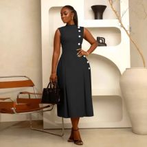 Elegante Klassische A-line Maxi Kleid Frauen Ärmellose Hohe Taille Taste Büro Dame Arbeitskleidung Party Club Lange Kleider Vestido Midi