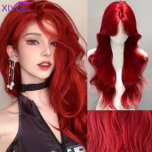 XIYUE Rote synthetische Perücke für Frauen, lange lockige gewellte süße Perücken, Mittelteil-Haarperücken, Halloween, Cosplay, tägliche Party-Perücken, 66 cm