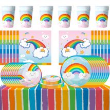 162 Stück Regenbogen-Teller und Servietten, Partyzubehör, Regenbogen-Partyzubehör, Teller, Servietten, Tischdecke usw., Regenbogen-Partydekorationen