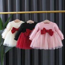 Kinderkleid Mädchen koreanische Version Frühling und Herbst langärmeliges Schmetterlingsknoten-Mesh-Kleid Baby-Prinzessin-Kleid 0-4 Jahre