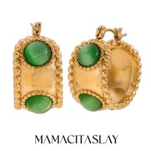 MamacitaSlay Vintage Round Green Black Agate Basket Shape Edge Beads Hoops 18k gold plated stainless steel women's jewelry Gift