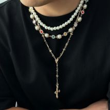 PuRui 3Pcs/Set Creative Rhinestone Imitation Pearl Chain Necklace for Men Goth Jesus Cross Pendant Choker Y2K Jewelry Gifts