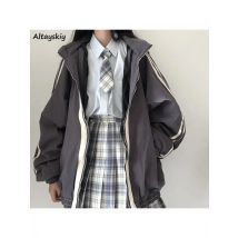 Spring Autumn Women Preppy Jackets Student Baggy Stand Collar Zipper Coats All-match Baseball Tooling Patchwork Outwear Casual