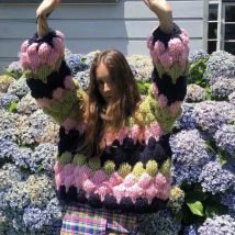 Handgemachte dicke gestreifte Kontrast farbe lose 3d Haar bälle gehäkelte Pullover dicke Bälle Haken Pullover lange Laterne Ärmel Tops