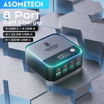 Ładowarka GaN z 8 portami, podświetleniem atmosferycznym, cyfrowym wyświetlaczem, biurkowa, USB Typ C, 100W PD PPS, szybkie ładowanie dla iPhone 17, laptopa, Samsung