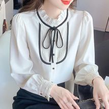 Mode Bogen stehen Kragen Frauen Hemd Bluse Tops Blusas Mujer de Moda 2024 Elegantes Langarmhemd Frauen Hemden Blusa H546