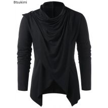 Neue 2025, männer Solide Langarm T-shirts Asymmetrische Überlappung Design Lose Beiläufige Strickjacke Top Männer Streetwear Schal Kragen Tees