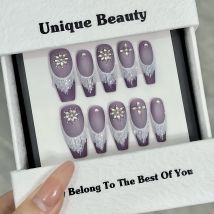10 Stück handgemachte Press On Nails Lila Frosted Snown Shape Diamond Decor Falsche Nägel Miedium T French Style Fake Nail Patches