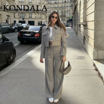 KONDALA 2025 Autunno Inverno Abbigliamento donna Verde Moda Streetwear Going Out Abiti Colletto rovesciato Giacche Pantaloni basic dritti
