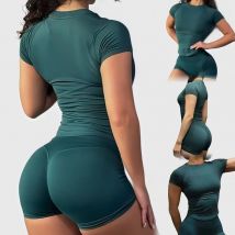 Conjunto Deportivo de 2 Piezas para Mujer, Conjunto de Yoga sin Costuras, Ropa Deportiva para Gimnasio, Top de Manga Corta, Leggings Cortos Deportivos