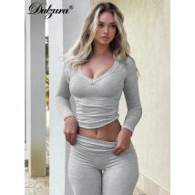 Dulzura Women’S Solid Casual 2 Piece Pants Set O-Neck Long Sleeve Crop Top And Flare Pants Matching Set Streetwear Autumn Winter