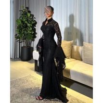 Maßgeschneiderte schwarze Langarm-Spitze-Abendkleider 2025, Stehkragen, elegantes Damen-Partykleid, Meerjungfrau, bodenlang, formelle Kleider