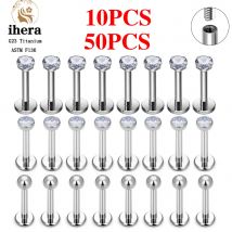10/50 SZT. G23 Tytanowe Kolczyki Labret do Piercingu Wargi 16G z Cyrkoniami, Wewnętrzny Gwint, Kolczyk do Wargi, Pierścień do Tragus, Chrząstki, Helix, Biżuteria