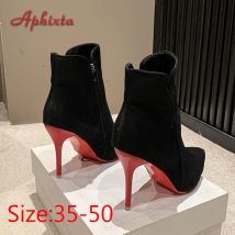 Aphixta 10 cm Tacchi a spillo invernali Tacchi rossi Zip Stivaletti neri caldi Donna Flock Calzature Scarpe Donna Super Big Size 47 48 49 50