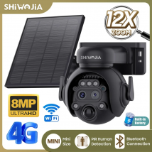 SHIWOJIA 12X Zoom 4G LTE Telecamera di sicurezza solare 8MP Visione notturna Dual-Lens WiFi esterno Batteria solare Telecamera PIR Rilevamento umano