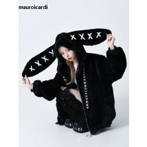 Mauroicardi Herbst Winter süße süße Kawaii weiche dicke warme schwarze Kunstpelzmantel Frauen mit Hasenohren süße flauschige Jacke Hoodie