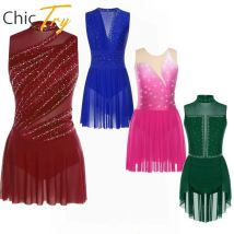 Womens Rhinestone Artistic Gymnastics Figure Skating Ballet Lyrical Dance Leotard Dress Sleeveless Stage Performance Dancewear