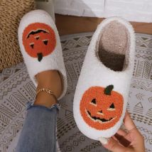Baumwolle Flauschige Hausschuhe Hause Cartoon Kürbis Plattform Plüsch Rutschen Paar 2025, Lustige Halloween Casual Designer Schuhe Frauen Indoor