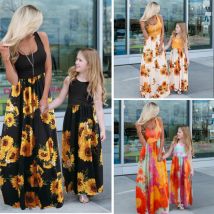 Mutter Tochter passende Kleider Familie Sets Blumenmode Frau Mädchen langes Kleid Outfits ärmelloses Familienlook Kleid