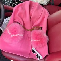 New Arrival Women Rose Red Real Fox Fur Pocket Outerwear Long Sleeve Fox Fur Double Side Woolen Loose Oversize Jacket Coat
