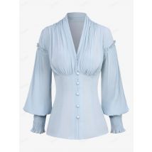 Ros gal plus Größe Gothic Ballon ärmel Knöpfe gerafftes Hemd Frauen fallen, Frühling elegante sexy V-Ausschnitt hellblaue Blusen Tops