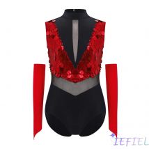 Strój gimnastyczny dla dziewcząt na występy taneczne, golf, bez rękawów, wycięty na plecach, błyszczące cekiny, blok kolorów, trykot z rękawiczkami.