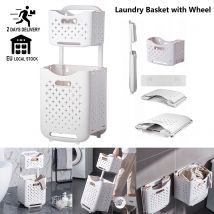 Cesto portabiancheria con ruote in plastica a 2 livelli, capacità 77 litri, organizer rimovibili e pieghevoli per cucina, bagno