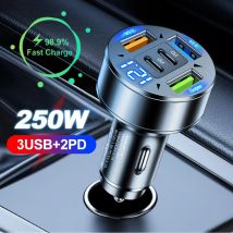Ładowarka samochodowa 250 W z 5 portami Szybkie ładowanie PD QC3.0 USB C Ładowarka samochodowa z napięciem do iPhone Samsung Huawei Xiaomi