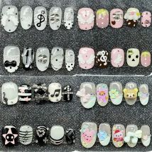 Y2K Handmade Long Coffin Ellipse Shining Stars French Press On Nails Four-Leaf Clover Diamond Polka Point Wings Fake Nails Gifts