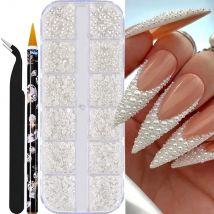 12 siatek półokrągłe perły koraliki 3D zawieszki do paznokci 1.5/2/2.5/3/4/5mm białe perły Flatback biżuteria do paznokci rękodzieło do paznokci perłowe cyrkonie