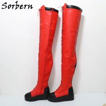 Sorbern 95 cm superlange Stiefel für Damen, bequeme Keil-High-Heels, Reißverschluss, roter und schwarzer Stiefel im Unisex-Stil, individuelle Größe