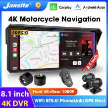 Jansite 8,1-calowy motocyklowy odtwarzacz CarPlay z podwójnym obiektywem 4K+1080P, wodoodporny IPX7, bezprzewodowy CarPlay i Android Auto, nawigacja GPS Moto