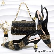 QSGFC Damen hochwertige Damenpumps, ein Paar Schuhe oder Set, italienisches Modedesign, schwarze goldfarbene Tasche für Nigeria-Hochzeit