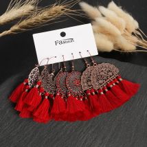 Bohemia Red Geometric Tassel Earring for Women Ethnic Carved Flowers Hollow Dangle Earrings Pendientes Jewelry Wedding Gift