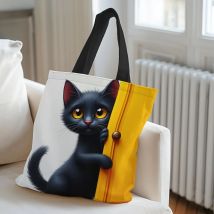 Stilvolle Einkaufstasche mit schwarzem Katzenmuster, leichte und faltbare Schulter-Einkaufstasche für Schule, Reisen, tragbare Aufbewahrungshandtasche