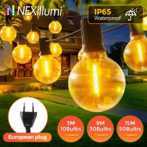 G40 LED Globo String Lights Outdoor, 3M/9M/15M IP65 Lampadine in plastica, Balcone Ghirlanda Fata Lampade per Matrimonio Festa di Natale Deco