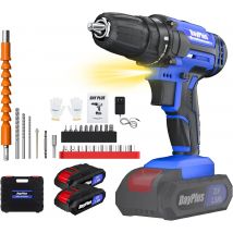 Cacciavite a batteria DayPlus 21 V, trapano a batteria con batterie 2x1500 mAh, trapano a batteria da 45 Nm, coppia 25 + 1 livelli, luce a LED