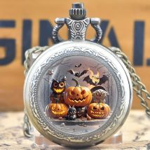 Kreative Vintage kompakte mittlere Quarz Halskette Taschenuhr Legierung rundes Zifferblatt lustige Aufkleber Halloween billiges Geschenk für Kinder