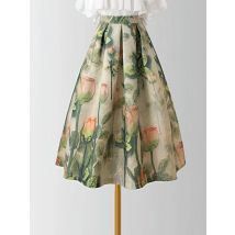 Pocket skirt with puffy skirt for women in spring and summer 2025, versatile, high-end, retro print  skirts