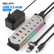 Hub USB alimentato in alluminio 10 Gbps USB-A USB-C 3.2 Hub USB C a 7 porte Interruttori on/off individuali Adattatore di alimentazione 12 V per PC portatile
