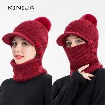 Winter Frauen Hut Schal Maske Set Samt dicke warme Ente Zunge Kappe Mützen Radfahren Wolle Plüsch Schädel Kaninchen Haar Ball Kappe
