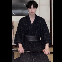 Sommer Schwarz Japanische Traditionelle Samurai Kimono Für Männer Yukata Bademantel Lose Stil Homewear Gürtel Langes Kleid Baumwolle