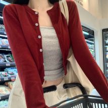 Red Cardigan Sweater for Women Soft Knit Long Sleeve Button-up Crop Jacket Blouse Top Spring Autumn Shrunken Cardigan Y2K