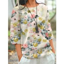 ZANZEA Damen-Blusen aus Baumwolle und Leinen, 2024, Sommer, Bohemian-Stil, Blusas mit Blumenmuster, modisch, 3/4-Ärmel, O-Ausschnitt, lässig, lockere Hemden