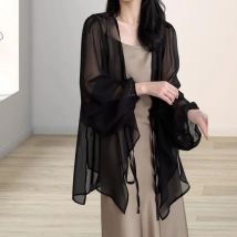Chiffon-Cardigan, einfarbig, Chiffon, Überzug, Damen-Sonnen-Cardigan mit Schnürung, Sonnenschutz-Mantel, Sommerbluse
