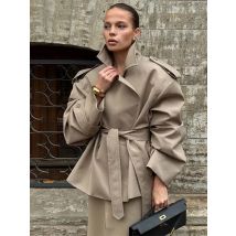 Solide Laepl Lace Up Trenchcoat Frauen Mode Volle Hülse Taille Cinching Kurzen Windschutz 2025, Neue Herbst büro pendeln outwear