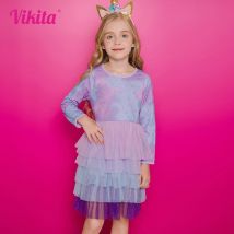 Vikita Mädchen Farbverlauf Kleider Kinder Stern Druck Langarm Kleid Mädchen Geburtstags feier Tüll geschichteten Kuchen Kleid Kinder Kleidung